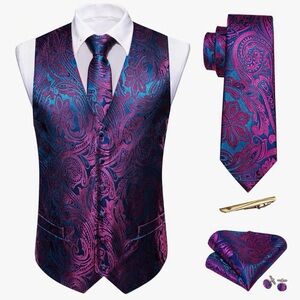 Barry Wang vest tie set purple blue paisley 4XL